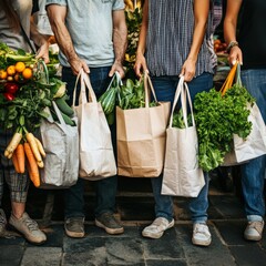 A diverse group of people holding reusable shopping bags filled with fresh produce, standing outside a farmer's market; the scene reflects community commitment to sustainability and supporting local 