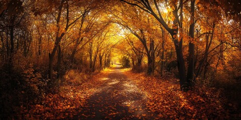 Fototapeta premium A path winding through a forest covered in fallen autumn leaves, with golden trees arching overhead and soft sunlight filtering through the branches.