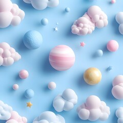 Dreamy Retro Seamless Pattern with Cute Clouds and Stars