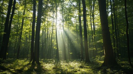 Fototapeta premium Sunlight Filtering Through Dense Forest Canopy