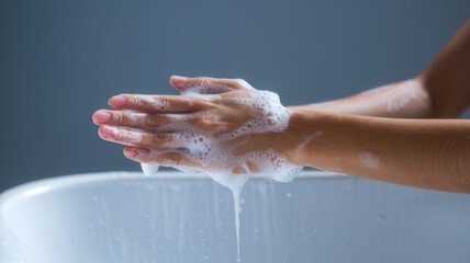 Fototapeta premium Close-up of hands washing with soap suds above a white sink basin