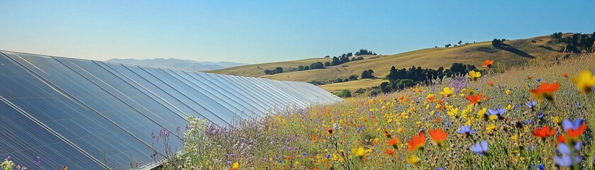 Fototapeta premium A long row of solar panels stretching across a sunny landscape, with wildflowers growing around the base of each panel, blending technology with nature and symbolizing a commitment to renewable energy