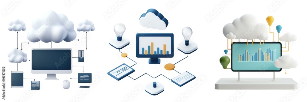 Poster the image illustrates cloud computing concepts with devices, data analytics, and visualizations, sho