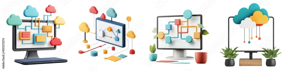 Aufkleber colorful cloud technology illustrations showcasing data visualization and computer screens with desi
