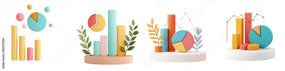 Poster colorful geometric shapes and bar graphs arranged in a modern design, representing data visualizatio