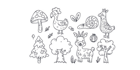 Cartoon forest animals and plants in doodle style, hand-drawn