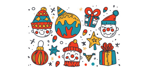 Set of festive clowns with gifts and Christmas balls in cartoon illustration