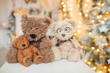 Beautifully illuminated Christmas decoration with sparkling lights, Christmas trees, stars, teddy bears and presents.	
