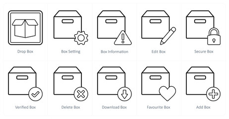 A set of 10 mix icons as drop box, box setting, box information
