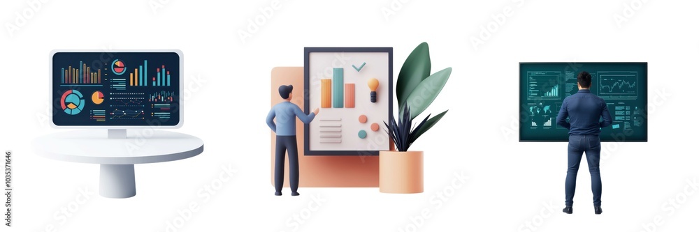 Poster a digital workspace scene featuring charts, data analysis, and diverse figures engaging with interac