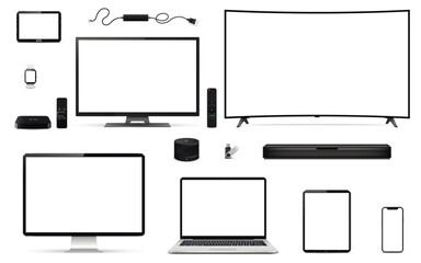 Digital devices set include tv, computer, laptop, tablet, smartphone, and more gadgets