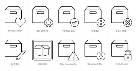 A set of 10 mix icons as favorite box, box setting, verified box
