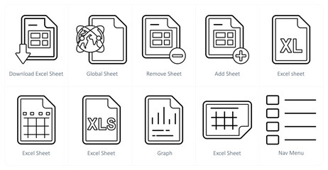 A set of 10 mix icons as download excel sheet, global sheet, remove sheet