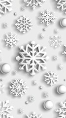 Fototapeta premium A minimalistic design features large white snowflakes against a shimmering light gray background, perfect for holiday decorations