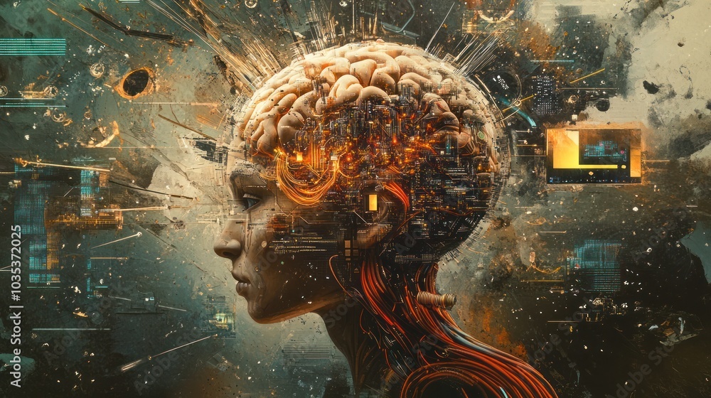 Poster artistic representation of a brain merging with robotic elements,