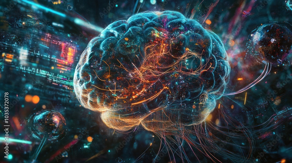 Aufkleber artistic representation of a brain merging with robotic elements,