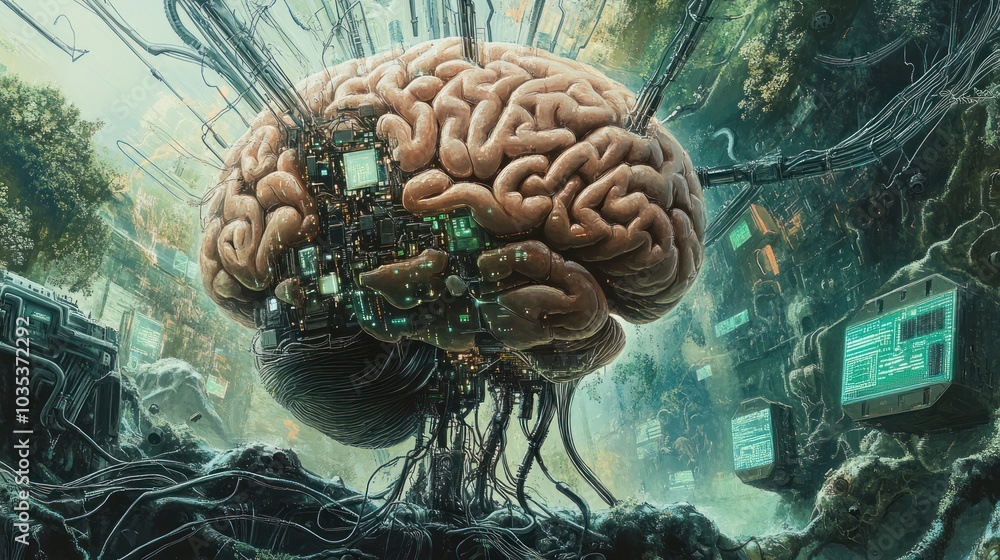 Aufkleber artistic representation of a brain merging with robotic elements,