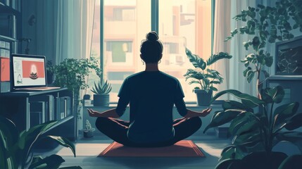 Woman meditating with a view of a city outside a window