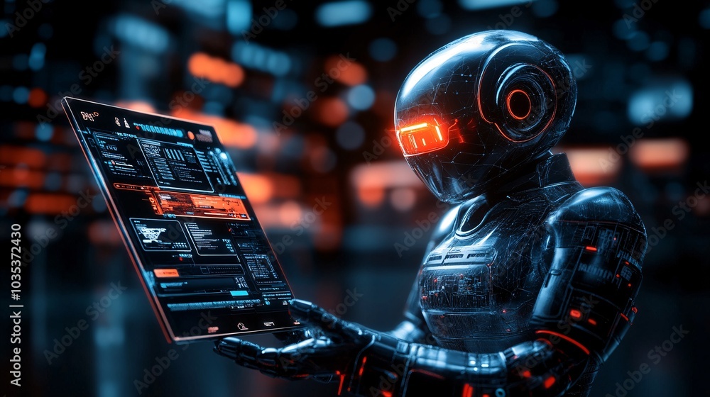 Poster humanoid friend assisting with shopping tasks in a sleek digital marketplace stock photo with side c