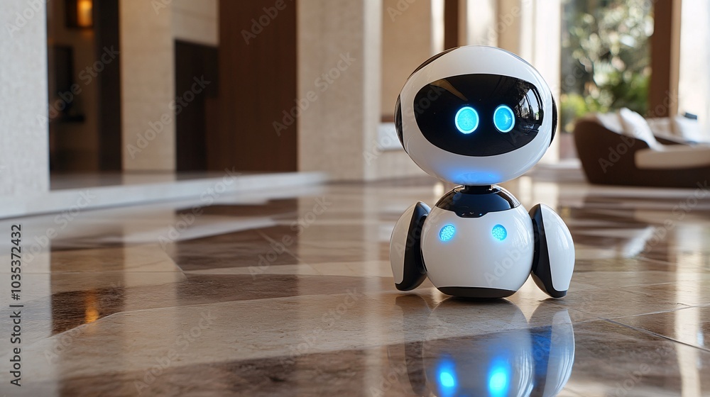 Poster friendly humanoid assistant managing virtual meetings in a high-tech home office stock photo with si