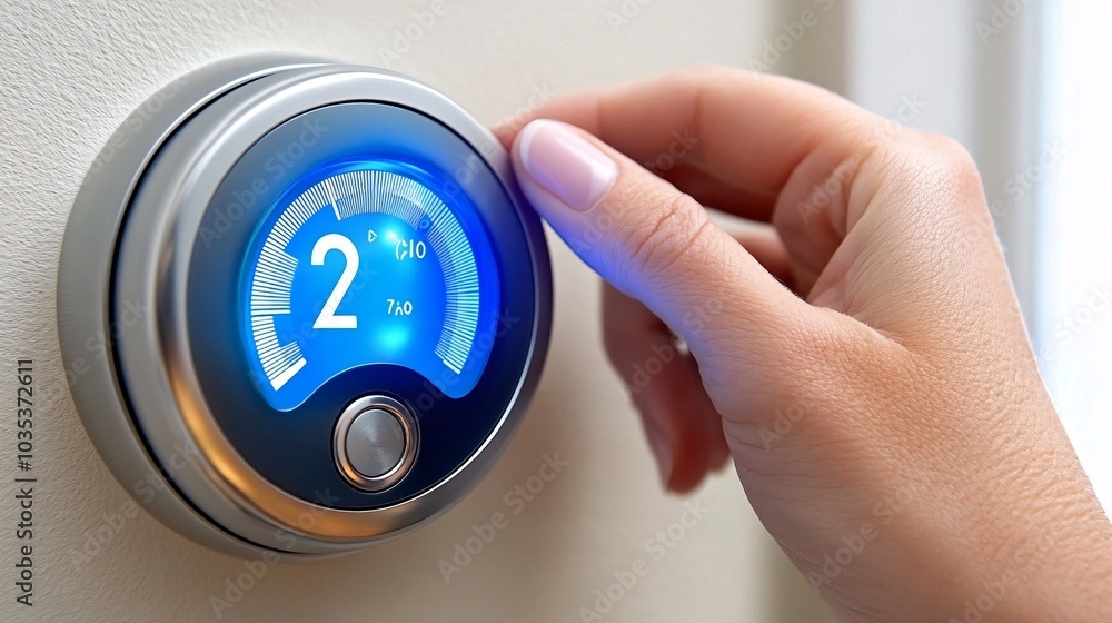 Poster Autonomous assistant adjusting a thermostat in a smart home with a clean modern design Stock Photo with side copy space