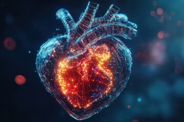 Fototapeta premium A detailed 3D illustration of a human heart wrapped in glowing circuitry, symbolizing the fusion of biology and technology, artificial organs, and futuristic medicine