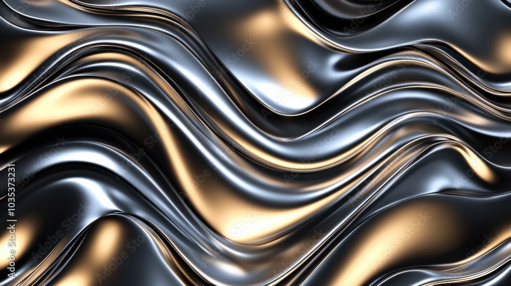 Poster wavy lines in metallic hues, creating a sleek and shiny abstract pattern, futuristic feel