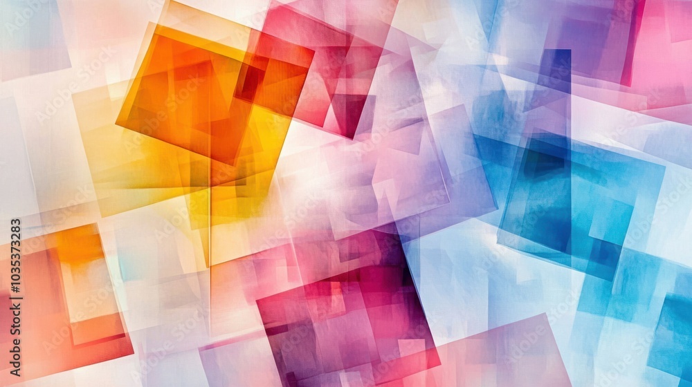Poster abstract design with overlapping, transparent squares in various colors, creating depth