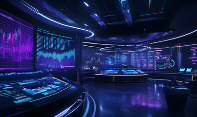Obraz premium Futuristic Business & Stock Investment Visuals: High-Tech, Neon-Lit Financial Concepts with Modern Urban Backdrops