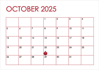 October month 2025 calendar. Simple design in red color with Pomegranate (Punica granatum) icon, a symbol for Rosh Hashanah Jewish holiday