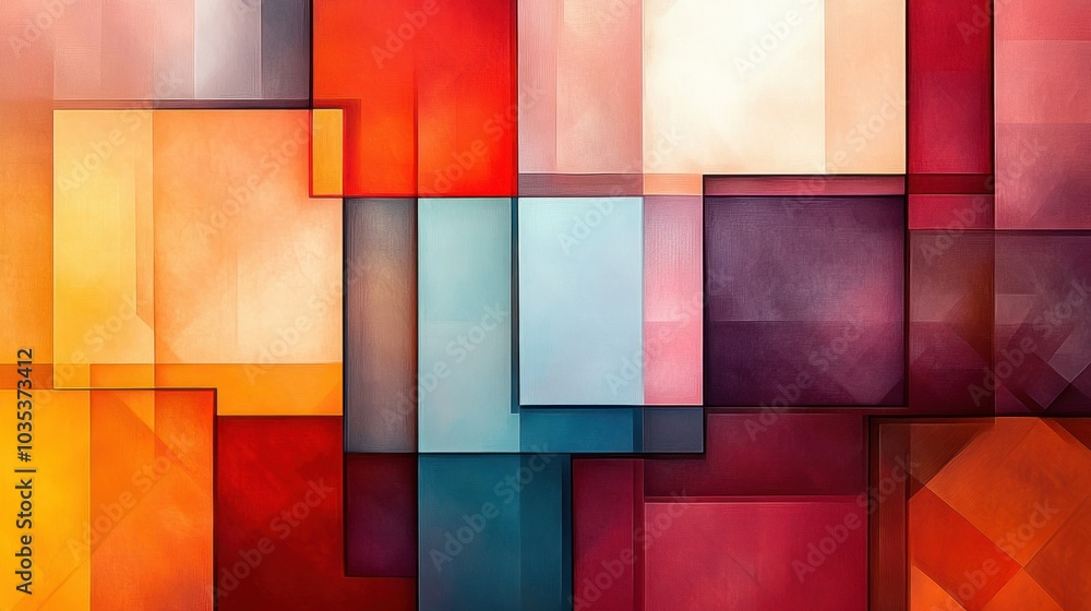 Poster abstract design with overlapping, transparent squares in various colors, creating depth