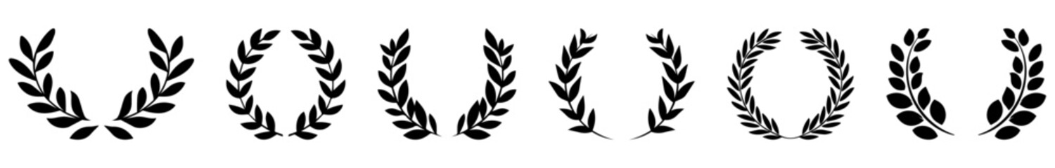Set black silhouette circular laurel foliate