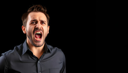 Frustrated man emotionally screaming isolated on black background, life problems isolated with white highlights, png