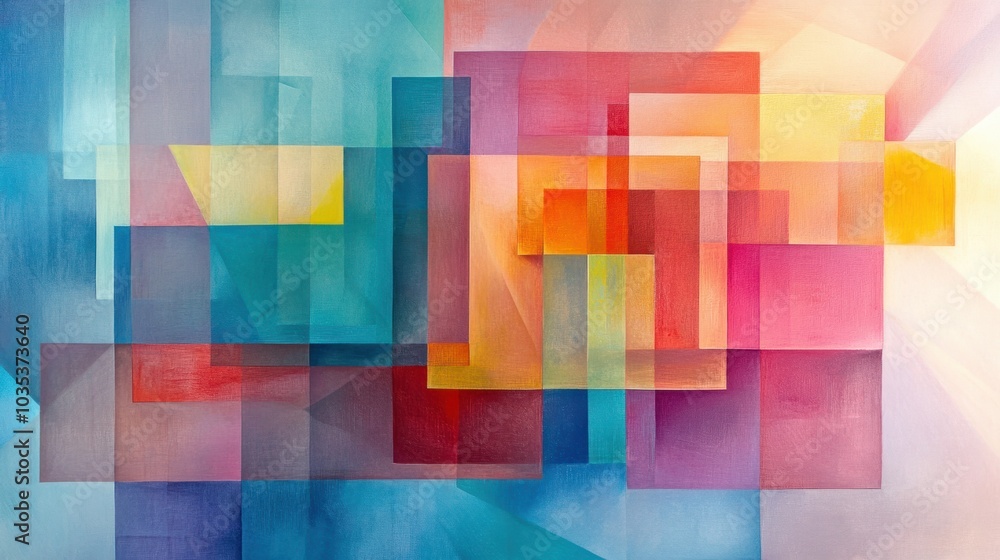 Poster abstract design with overlapping, transparent squares in various colors, creating depth