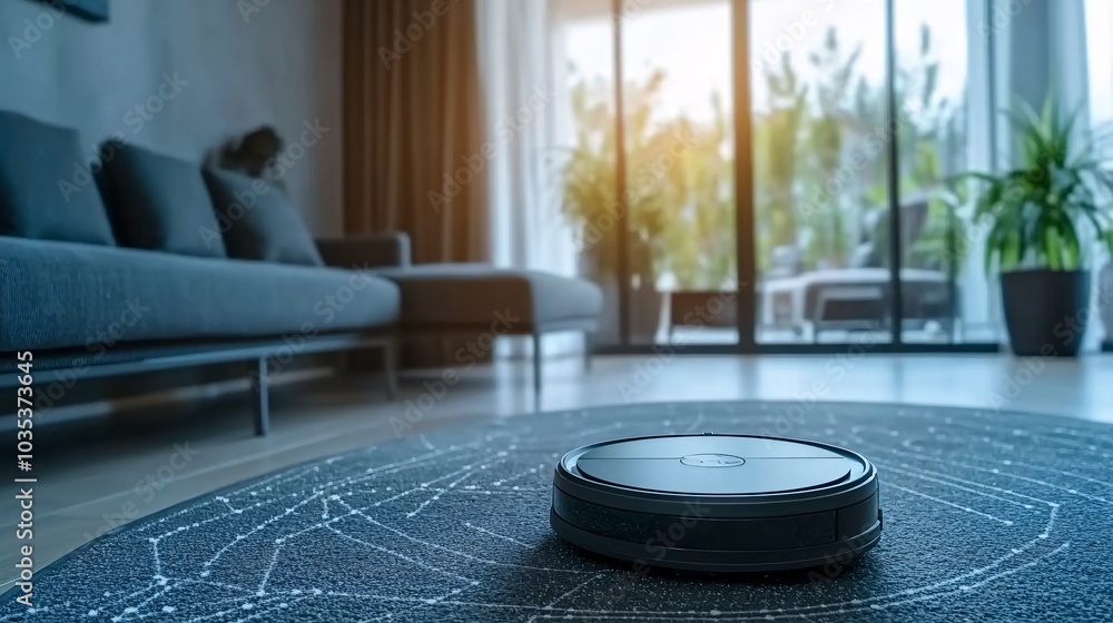 Poster autonomous assistant cleaning a smart home with futuristic technology in the background stock photo 