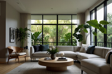 Sleek Modern Living Room Embracing Clean Lines and Tropical Greenery