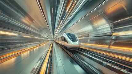 Sleek Train Moving Through a Metallic Tunnel