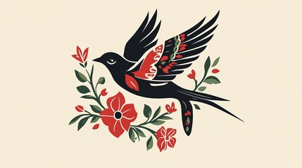 Stylized Dark Swallow Logo in Ethnic Folk Art Style