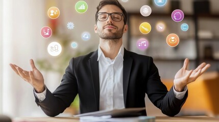 In a bright office environment, a businessman juggles multiple tasks at his desktop, with vibrant icons representing various freelance skills and responsibilities in the background