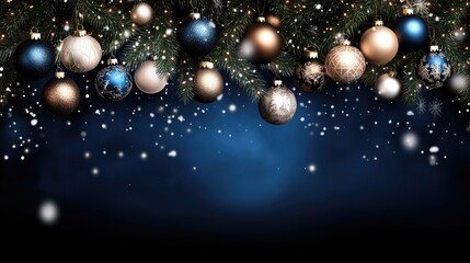 A festive arrangement of dark blue spruce branches and sparkling Christmas ornaments rests on a black backdrop, perfect for mobile use