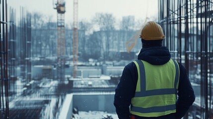 A civil engineer in warm clothing is inspecting ongoing construction works at a site during challenging winter conditions, ensuring compliance with design drawings for a successful project outcome