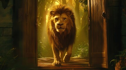 Magical Wardrobe Portal to a Fantasy Forest with Aslan