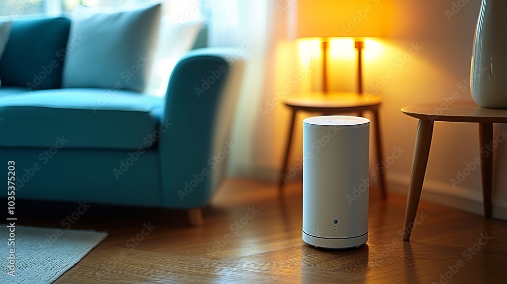 Poster autonomous assistant setting up a home theater system in a vibrant modern living room stock photo wi