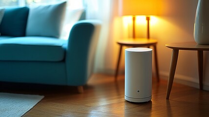 Autonomous assistant setting up a home theater system in a vibrant modern living room Stock Photo with side copy space