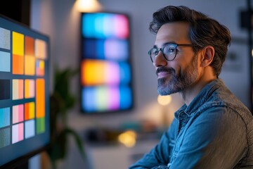 Fototapeta premium Creative interior designer holding a colour palette on a video call, Generative AI