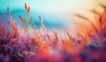 there is a blurry photo of a field of grass and flowers