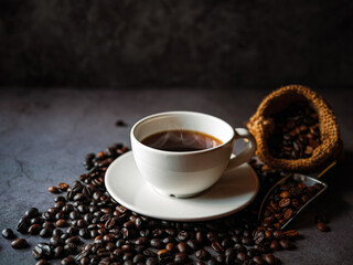 Americano coffee cup and roasted coffee beans falling in a burlap sackon gray background, Black coffee cup aromatic