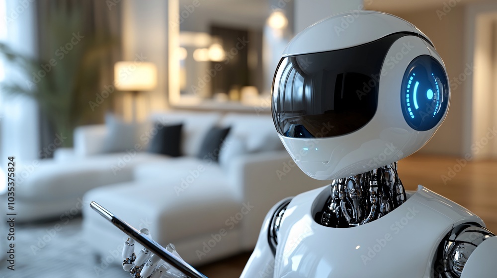 Poster autonomous humanoid friend holding a smart device and assisting with video calls in a bright home st
