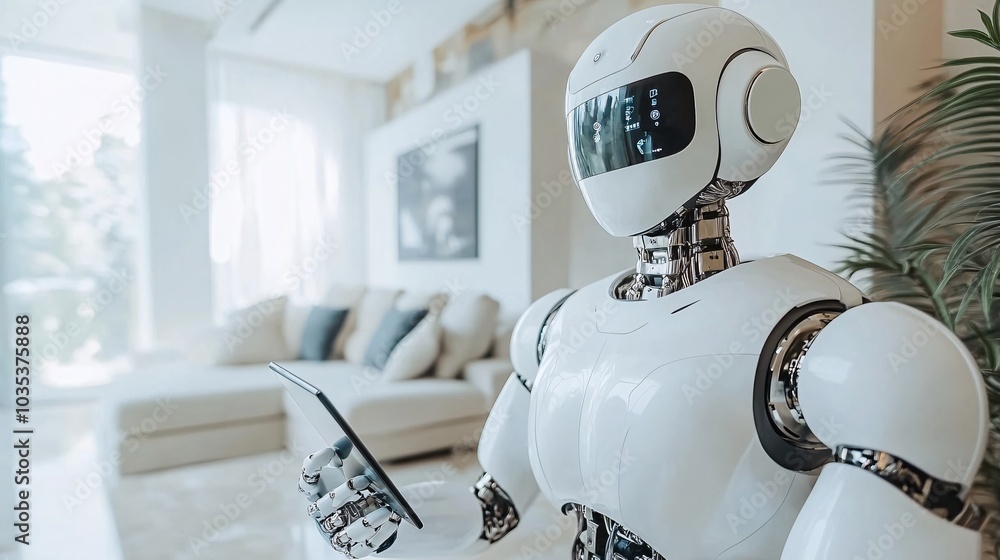 Poster Autonomous humanoid friend holding a smart device and assisting with video calls in a bright home Stock Photo with side copy space