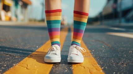 Fototapeta premium Colorful Rainbow Socks on a Vibrant Street